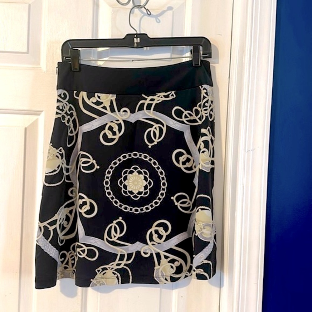 J. McLaughlin Black & Gray Chain Link Print Side Zip Nylon & Spandex Skirt Sz 6